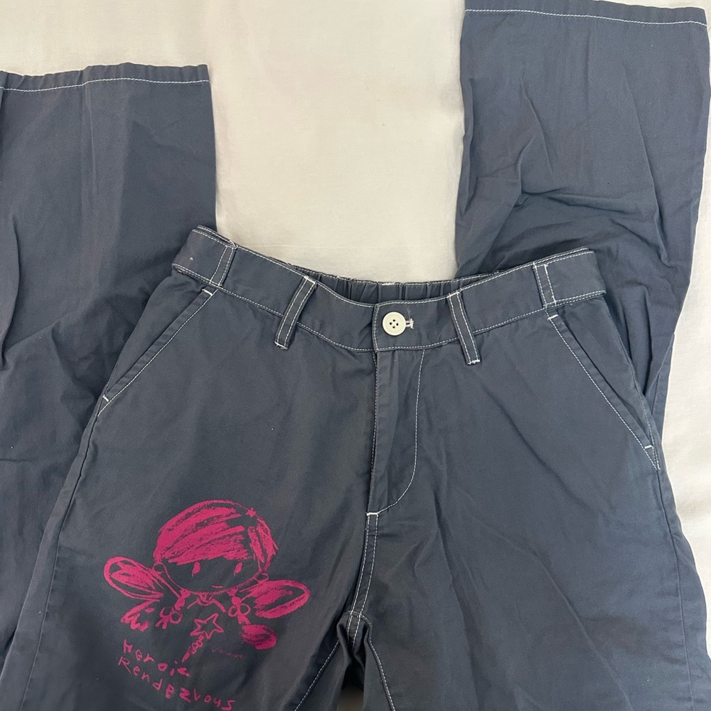 Blue Gray Pants with Pink Graphic